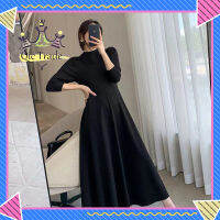 【จัดส่งที่รวดเร็ว✨】Women Dress Black Crew-neck Long-sleeved Sexy Waist-slimming Long Large Swing Skirt