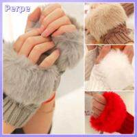 PERPE Fashion Sheep Wool Knitted Faux Rabbit Fur Exposed Finger Couples Fingerless Mittens Wrist Gloves