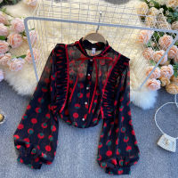 2021 Spring Chiffon Blouse Female Pleated Wood Ear Slim Puff Sleeve Stand Collar Blusa Color Matching Polka Dot Shirt C433