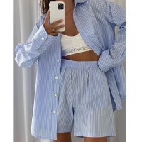 Loung Wear Tracksuit Women Shorts Set Stripe Long Sleeve Shirt Tops And Loose High Waisted Mini Shorts Two Piece Set 2021