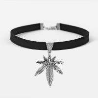 1pcs Black Flat Faux Suede Leather Antique Silver Color Pot Weed Leaf Charm 13 Choker Necklace Collares Gothic Fashion Jewelry