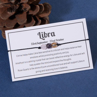 Lijing 12 Constellation สร้อยข้อมือลูกปัดคริสตัลเชือกสร้อยข้อมือผู้หญิง Zodiac Sign Libra Aries Wish Card วันเกิดเครื่องประดับของขวัญ