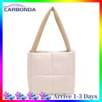 [7 Day Refund Guarantee] Women PU Cotton Padded Checkered Handbag Solid Color Top-handle Bag (White) [Arrive 1-3 Days]