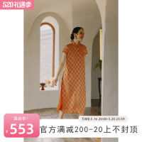 Spot parcel postPaleBlueDot Blue Dot · Original Designer Model Orange Acetate Chessboard R Improved Handmade Cheongsam Dress