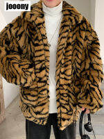 ฤดูหนาว Street Warm Fluffy Plush หลวม JumperOutwear Faux Fur Coat สำหรับชาย Turndown Collar Tiger เสือดาวเลียนแบบขนสัตว์หนา