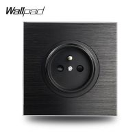 ● Wallpad L6 Black Satin Metal French Wall Electrical Power Socket Round Brushed Aluminum 86 x 86 mm