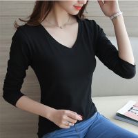 New 2022 Black White Ladies Long-sleeve T-shirt Korean V Neck Slim Stretch Casual Bottoming Shirt Solid Color Women Girls Top