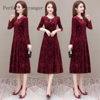 2021 Winter New Arrival High Quality Elegant Round Collar Flower Printed Long Sleeve Women Long Velvet Dress