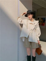 CHEERART Spring 2021 Cotton Lantern Sleeve Designer Shirt Long Sleeve Beige Stand Collar Tie Fashion Women Top And Blouse