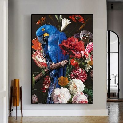นกแก้วมาคอว์สีสันสดใสในภาพวาดผ้าใบดอกไม้-โปสเตอร์และภาพพิมพ์ธรรมชาติสำหรับตกแต่งผนังห้องนั่งเล่น