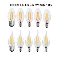 10ชิ้น E14ไส้หลอดไฟ LED C35L E27 C35 220V 110 4W 6W แก้วอุ่นสีขาวหรี่ได้360องศาเอดิสันย้อนยุคแสงเทียนระเบิดหลอดไฟ