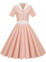 ผู้หญิง Elegant Vintage ฤดูร้อนชุด Turn-Down Collar แขนสั้น Solid Office Party Midi Sundres A-Line สูงเอว Vestidos