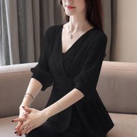 COD DSFERTGERRYYY Women BLouses V-neck Short Sleeve Top Women Peplum Top Elegant High Waist Chiffon Blouse Tops Female