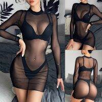 ZZOOI 2022 Womens Sheer Mesh See-through Long Sleeve Crop Tops Casual Clubwear Mini Dress Fashionable Charming Dresses Fast Shipping