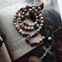 【CW】☎  Warm Color Prayer Beads Chain Rosary Necklace Mary Medal Crucifix Religious Church Baptism Jewelry