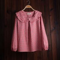 ▦♀❈ 2022 New Fashion Women Spring Autumn Comfortable Plaid Peter Pan Collar Shirts Female Sweet Ruffled Pleated Shirts Blouses A79