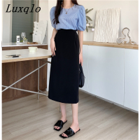 Luxqlo กระโปรงสตรีสีดำผู้หญิงเอวสูง,กระโปรงทรงเอสะโพกเรียบง่ายเพรียวบางฤดูร้อน