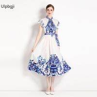 Summer New Neckline Lace-up Design Flying Sleeves Long Personalized Retro Printing a-Word Dress