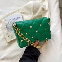 【CC】 Fashion Rhombus Rivet Shoulder Leather Metal Chain Crossbody Purses Handbag Female Shopper Clutch