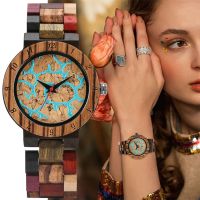 ZZOOI Full Wood Women Bracelet Watch Blue Lava Dial Mixed Color Wooden Watch Band Trend Lady Quartz Wristwatch Female Timepiece