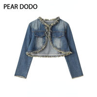 PEAR DODO เสื้อโค้ทผ้าเดนิมแขนสั้นแบบหลวมย้อนยุคเกาหลีสำหรับผู้หญิงแบบหยาบ