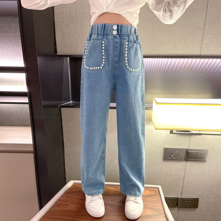 okady-middle-aged-girls-jeans-pearl-pocket-wide-leg-pants-childrens-trousers