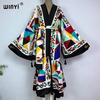 [COD] 2022 WINYI autumn kimono fashion elegant printing boho caftan Waist seal abaya long Sleeve Kaftan