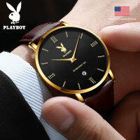 Playboy นาฬิกาข้อมือไอคอนแฟชั่นสำหรับผู้ชาย,แบรนด์อเมริกันสายหนังแท้กันน้ำนำเข้าหน้าปัดเรียบง่ายสไตล์ยุโรปและอเมริกา