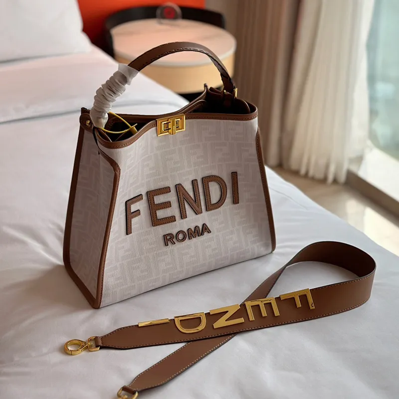 Gift Box Packaging 】 Original Fendi Peekaboo2023 Women's Handbag Classic  Printed Tote Premium Cowhide Shoulder Bag31*27CM