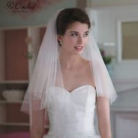 PEORCHID 2 ชั้นสั้นผ้าคลุมหน้างานแต่งงานด้วยหวีราคาถูก Dodatki Weselne ตัดขอบ Elegant Soft Tulle สีขาว/งาช้างผ้าคลุมหน้าเจ้าสาว-JHU STORE