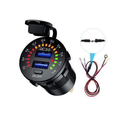 12V 24V QC 3.0 Dual USB Car Charger Waterproof 18W USB Outlet Fast Charge with LED Voltmeter ON OFF Switch Power Cable