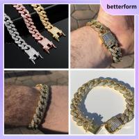 BETTERFORM ความกว้าง 12 มม. เพชร สร้อยข้อมือแฟชั่น ฝัง Rhinestone สร้อยข้อมือ ฮิพฮอพ ลิงค์เชน