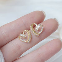 Korean Trendy Design Twist Heart CZ Earrings for Women 1 Row Bling Shine Zirconia 14K Real Gold Stud Earring Jewelry Pendant