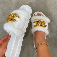 Summer Fashion Plush Slippers Open Toe Solid Color Women Sandals Metal Chain Outdoor Casual Women Plus Size Shoes