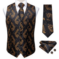 2020 New Fashion Mens Suit Vest Gold Paisley Black Silk Waistcoat Sleeveless Formal Business Jacket Dress Vests For Men DiBanGu