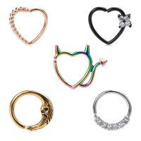 2PCs Septum Piercing Jewelry Women Heart Moon Copper Zircon Nose Ring Nostril Hoop Copper Daith Tragus Cartilage Earring Hoops