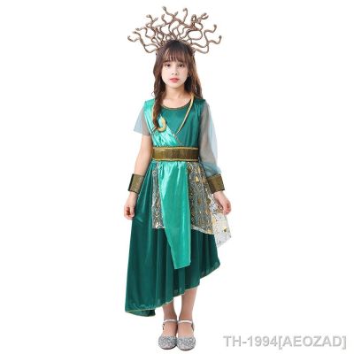 AEOZAD คอสเพลย์ฮาโลวีนสำหรับ meninas mitologia grega antiga vestido verde cobra roupa de festa RPG crianças
