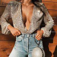 Spring Women y Blouse Shirts 90s Vintage Shiny Sequin Glitter Design Tops Ladies Elegant Lantern Sleeve Deep V-Neck Blouses