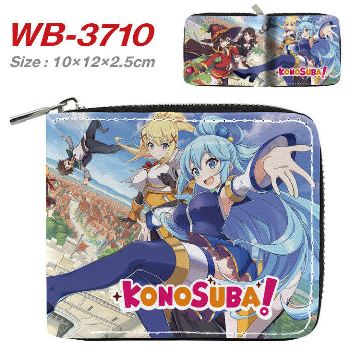 konosuba-ผู้ชายผู้หญิงเด็กการ์ตูนซิปกระเป๋าสตางค์สั้นซิปกระเป๋าสตางค์นักเรียน-pu-ครึ่งพับหนังกระเป๋าสตางค์ผู้ถือบัตรกระเป๋าเงินเหรียญ