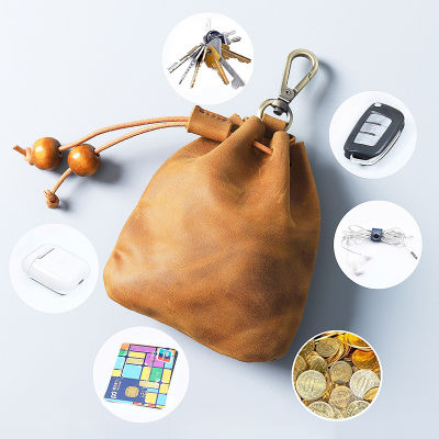 กระเป๋าที่เก็บทำด้วยมือหนังวัวเรโทรกล่องเก็บหูฟังอเนกประสงค์สำหรับ Dompet Koin หนังแท้พวงกุญแจกุญแจรถ