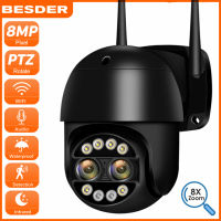 BESDER 8MP 4K PTZ IP Camera การรักษาความปลอดภัย WiFi กล้องวงจรปิด Dual เลนส์สี Night Vision 4MP 8X ดิจิตอลซูม IP66 กลางแจ้งกันน้ำเสียงคู่มนุษย์ตรวจสอบกล้องเฝ้าระวัง