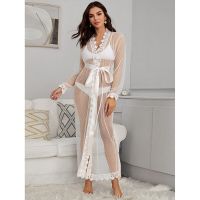 White Women Long Sleeve Lace Robe Dress Fashion Sexy Perspective Pajamas Robe Sleepwear Underwear Lingerie Sex Nightwear