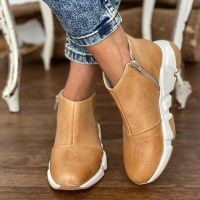 Fall Ladies Ankle Boots Side Zipper Leopard Pattern Low Heel Women Booties Stylish Comfort Faux Leather Round Toe Casual Shoes