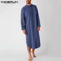 Casual Button Comfy Bathrobes INCERUN Men Plaid Sleep Robes Long Sleeve Stand Collar Nightgown Male Cotton Pockets Homewear 5XL