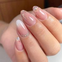 24pcs Shinny Almond False Nails Gradient Glitter Crystal Fake Nails Full Cover Detachable Nail Tips Press on Nails DIY Manicure