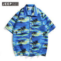 JEEP SPIRIT เสื้อชายหาดของผู้ชาย,เสื้อเชิ๊ตลายดอกไม้ฤดูร้อนแขนสั้นบางเสื้อเชิ้ตผ้าไหมน้ำแข็งฮาวายทรงหลวมฤดูร้อน