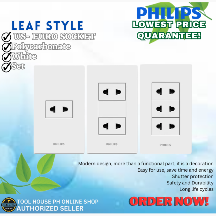 PHILIPS LEAFSTYLE 1 GANG 2 GANG 3 Gang 2P US EURO SOCKET electricals