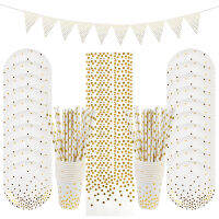 Gold Dot Disposable Tableware กระดาษผ้าเช็ดปากถ้วยฟางสำหรับงานแต่งงานผู้ใหญ่เด็กวันเกิดอุปกรณ์ตกแต่ง Baby Shower-Heliru