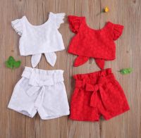 Children Kids Summer Clothing Set Jacquard Flying Sleeve Backless T-shirt Shorts Two-piece Suit Lace Girls Clothes Set