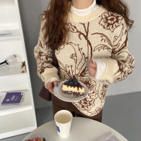 Alien Kitty Chic Women Irregular Fashion Retro O-Neck Knitwear Floral Printing Sweater  Soft Korean Pullovers Top